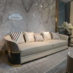 Beige Leather Sofa Set with Diamond Quilted Craftsmanship & Pyramid Studded Gold Stainless Steel Trim